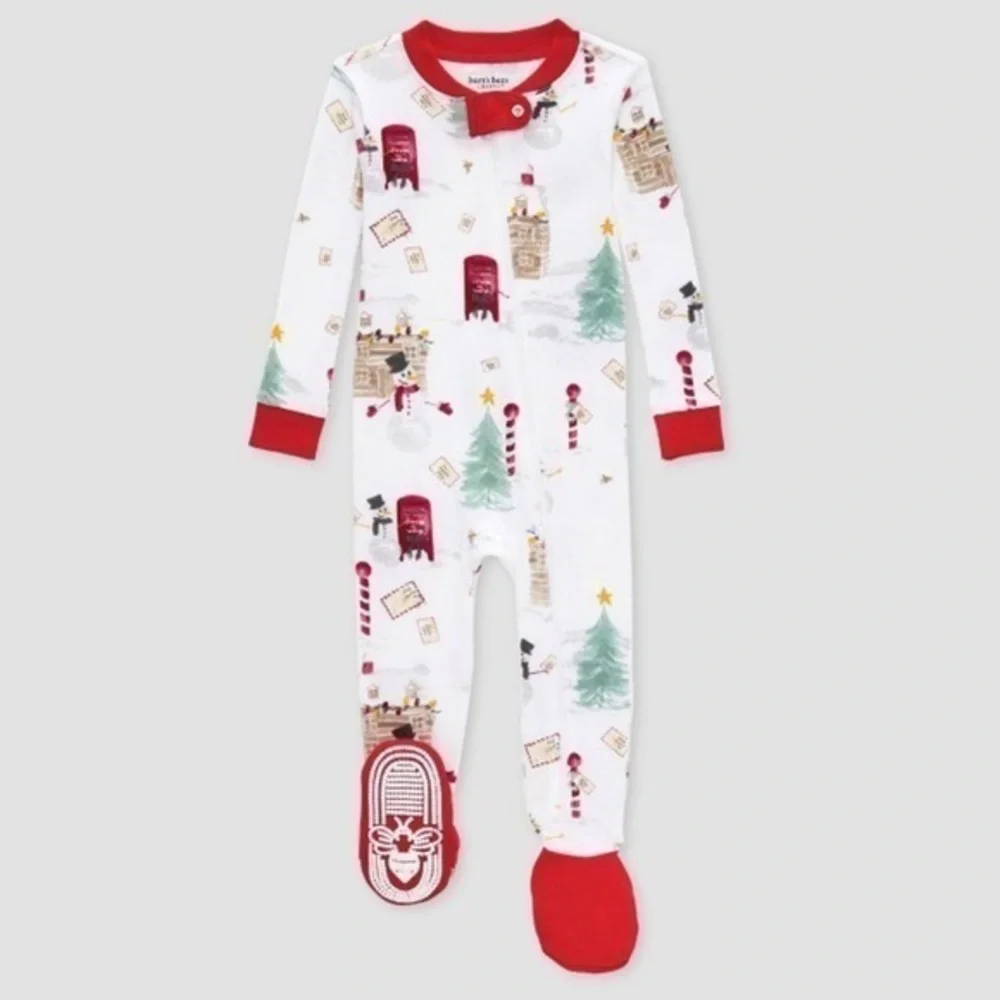 Burts Bee Baby Organic Cotton Snowman Letter Winter Holiday Footed Pajama Onesie